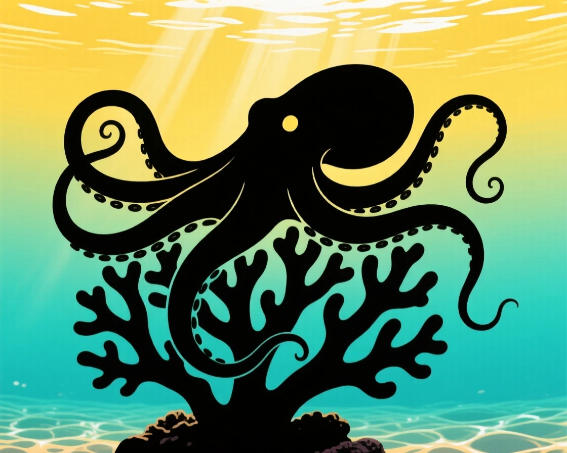 An octopus draped gracefully over a coral formation, tentacles curling outward.
