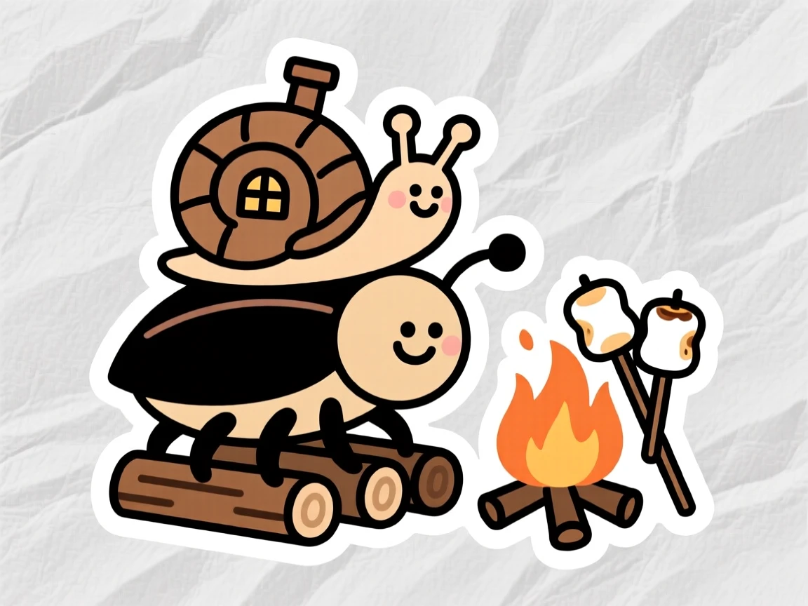 A mischievous friendly snail with a shell house riding on the back of a friendly beetle, beside a small campfire with marshmallows roasting.