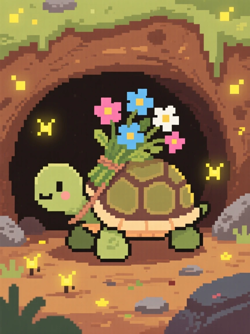 A tiny turtle carrying a bundle of wildflowers home, inside a cozy burrow lit by fireflies.