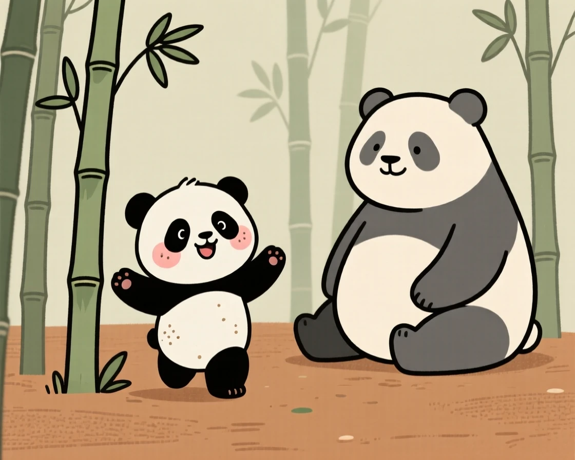 A young panda cub explores a bamboo grove for the first time, stretching its wings while a nearby mother watches with gentle patience.