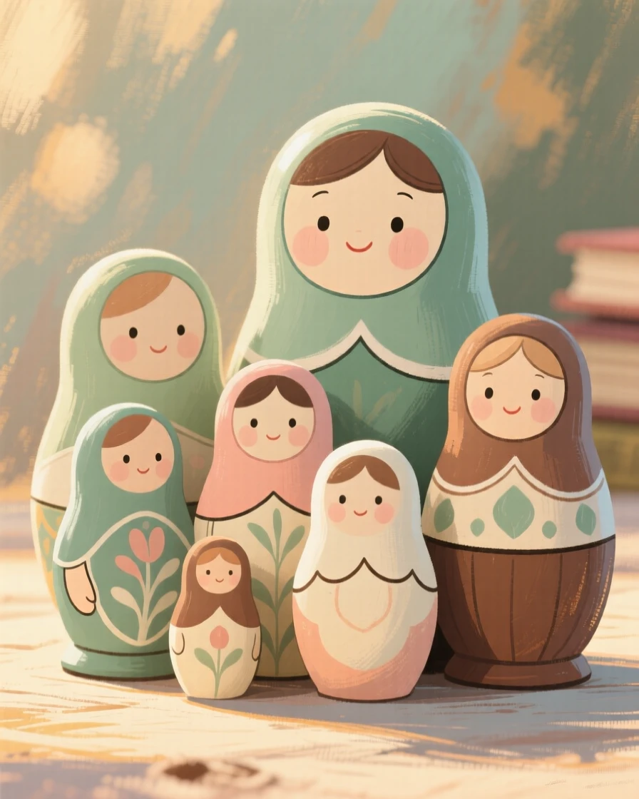 A set of hand-painted nesting dolls arranged by size