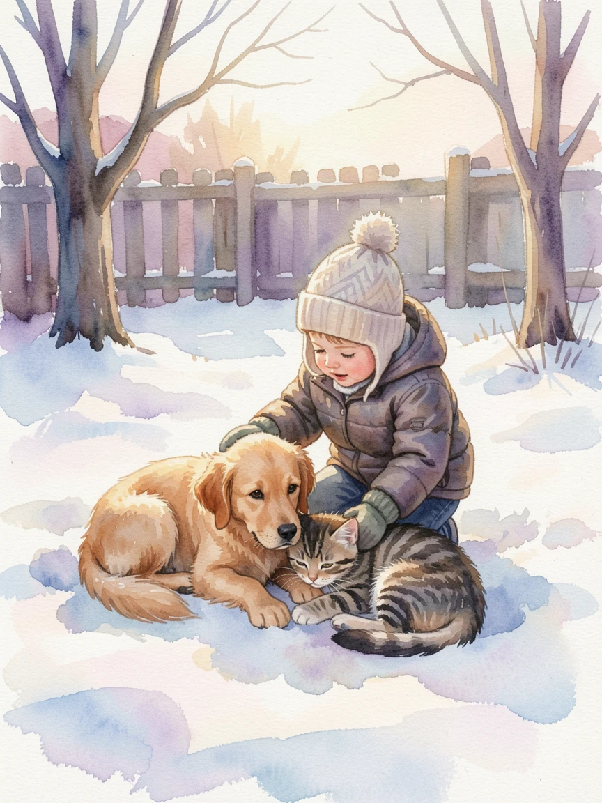 A puppy and kitten curled up together in a snowy backyard playing with a small child nearby.