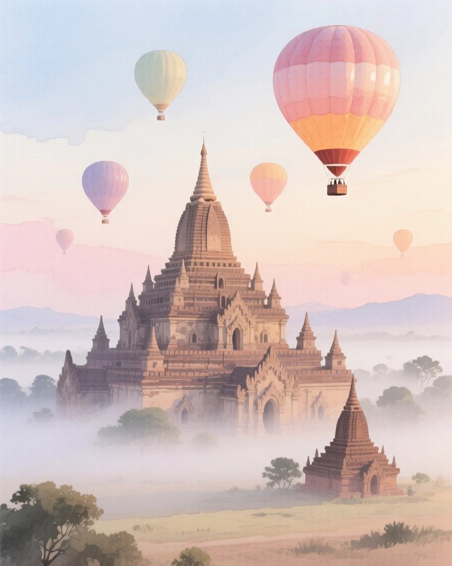 The ancient temples of Bagan rise above a misty plain as hot air balloons drift across the morning sky