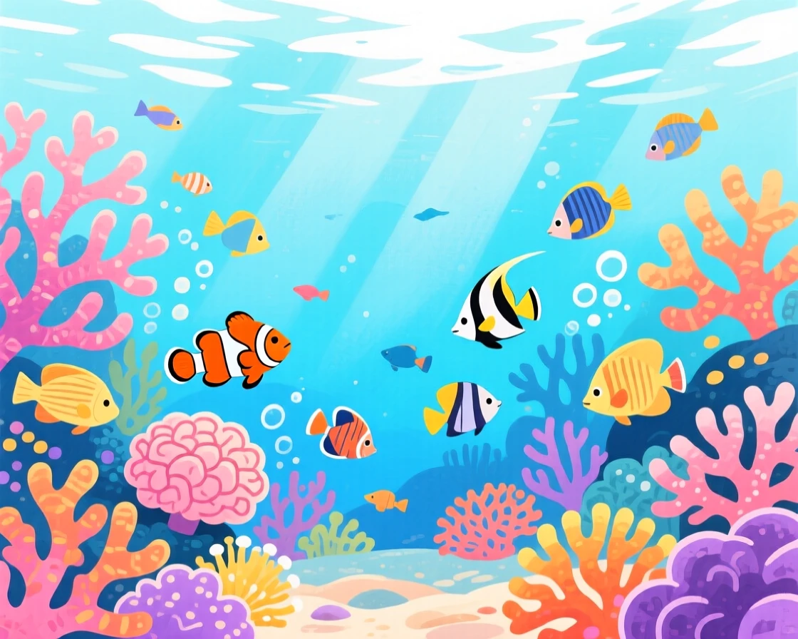An exciting view of a coral reef bustling with tropical fish.