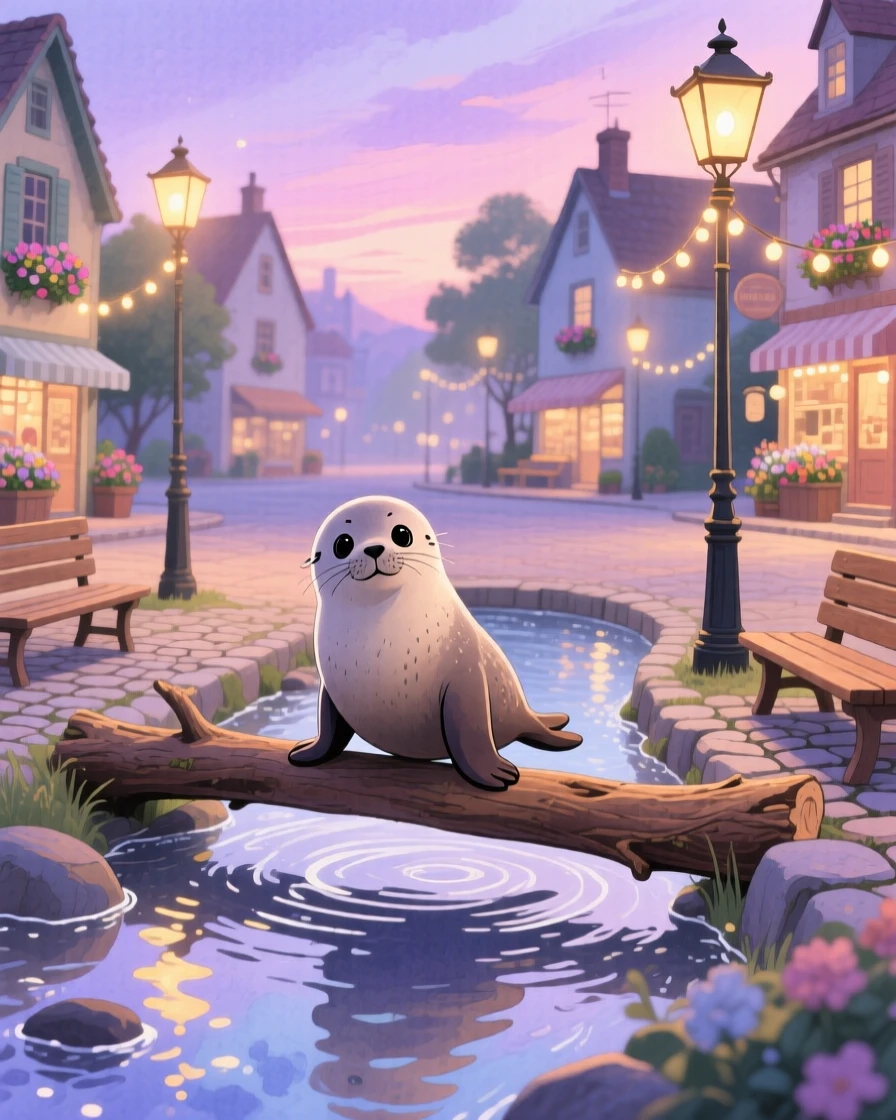A baby seal balancing on a log across a gentle stream, set in a village square decorated with fairy lights, capturing a fleeting moment of quiet contentment.