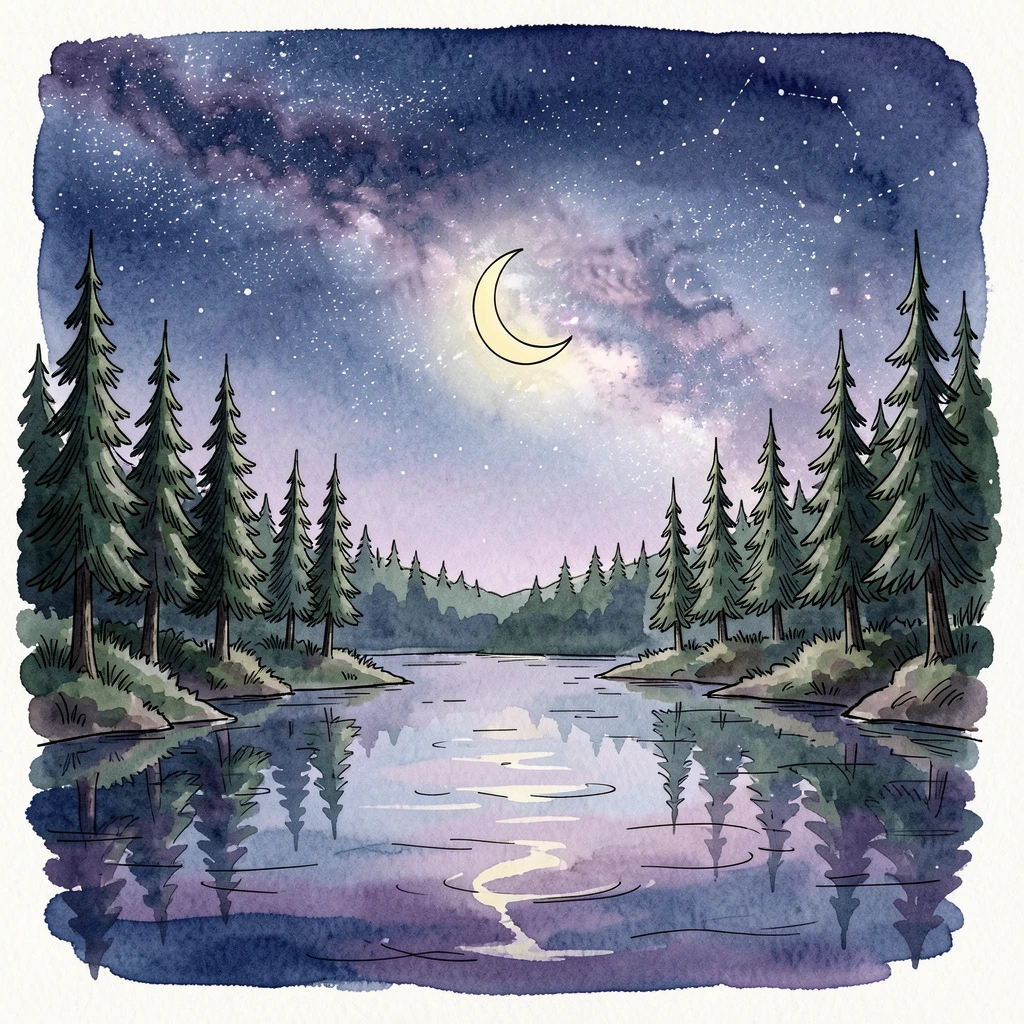 A moonlit night sky over a quiet lake, the Milky Way arching above silhouetted pine trees on the shore