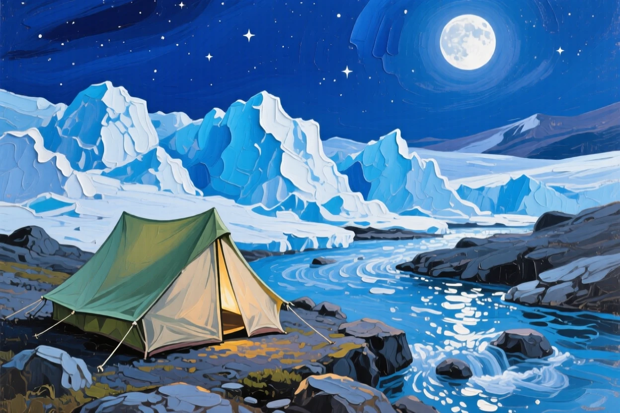a small tent beside a glacial stream, beneath a moonlit sky, with a clear foreground, subject, and distant setting.