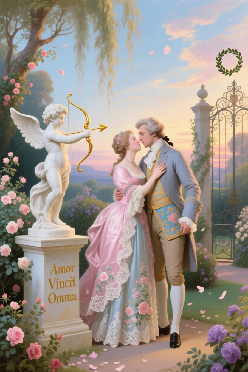 A secret rendezvous beside a garden statue of Cupid at twilight  