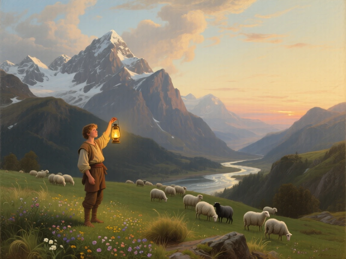 Under tall drifting clouds, A young shepherd on an alpine meadow, raising a lantern toward an approaching dawn, surrounded by snowy peaks, grazing sheep, and a silver river far beneath the ridge; the sweeping scale of the setting makes the figures feel heroic yet vulnerable, the scene inspires awe.
