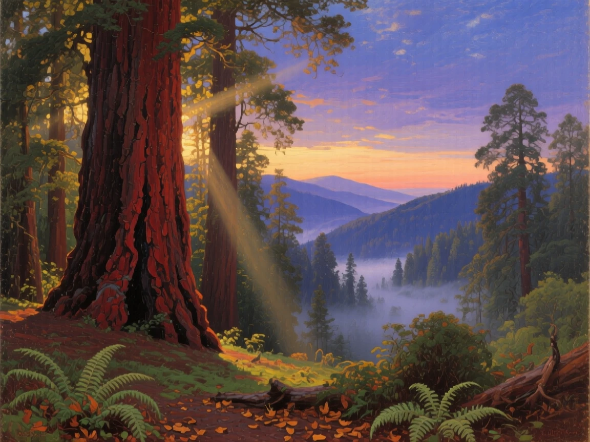 A redwood forest with shafts of sunlight piercing the towering canopy, with the first light of dawn breaking over distant ridgelines, radiating tranquility and the timeless beauty of the natural world