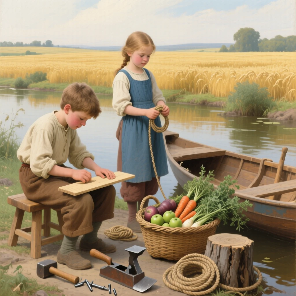 Children building a small boat to sail on a village pond in a scene both modest and deeply human, set beside a quiet stream at the edge of golden fields, with baskets of produce, coils of rope, and tools of an honest trade; the horizon and open sky give even modest labor room to breathe, radiating simple contentment and honest labor.