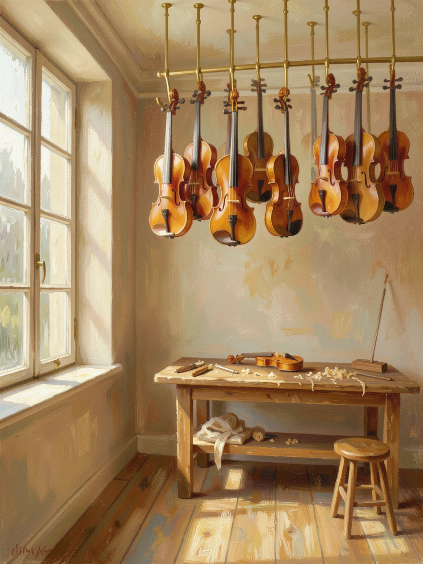 A quiet violin maker's workshop lined with instruments hanging from the ceiling on brass hooks.