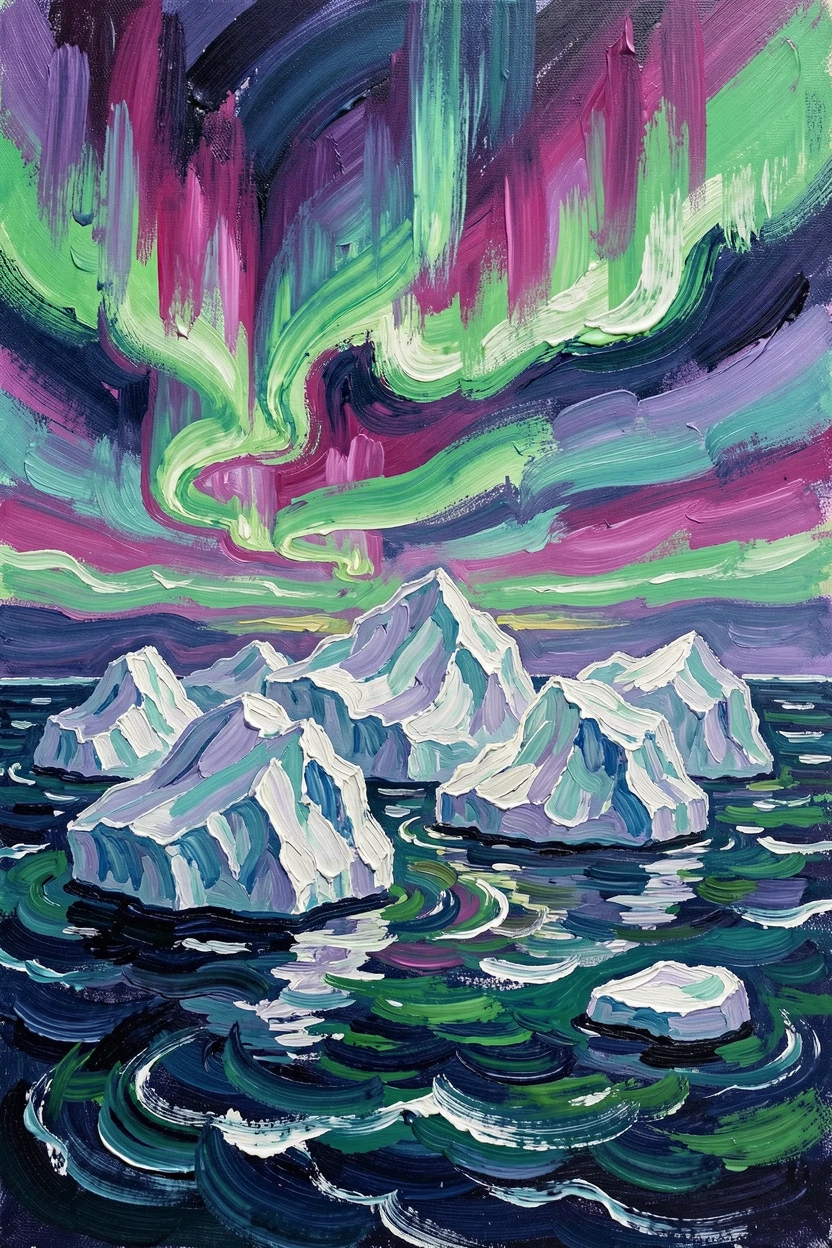 A cluster of icebergs drifting in arctic waters beneath a sky streaked with the aurora borealis.