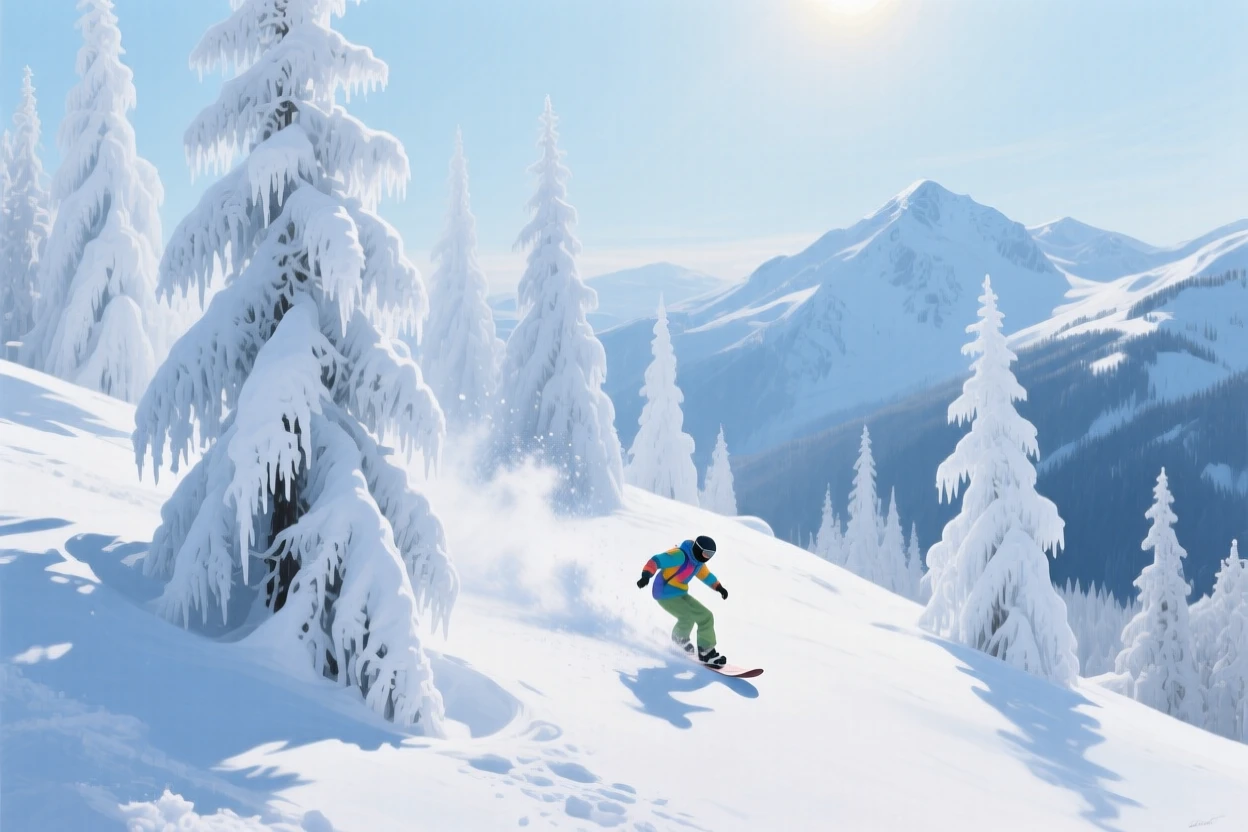 Snow ghosts, trees encased entirely in rime ice, stand like frozen sentinels on a ridge in the Cascades, a lone snowboarder carving fresh powder between them under a pale winter sun.