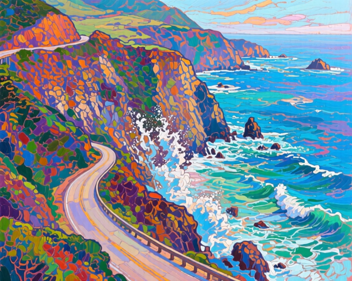 A dramatic coastal cliff in Big Sur with waves exploding against rocks far below a winding highway