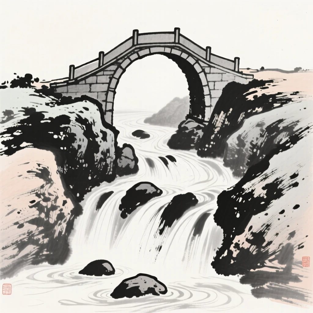 a narrow mountain stream tumbling over stones, with a stone bridge arching over the water.