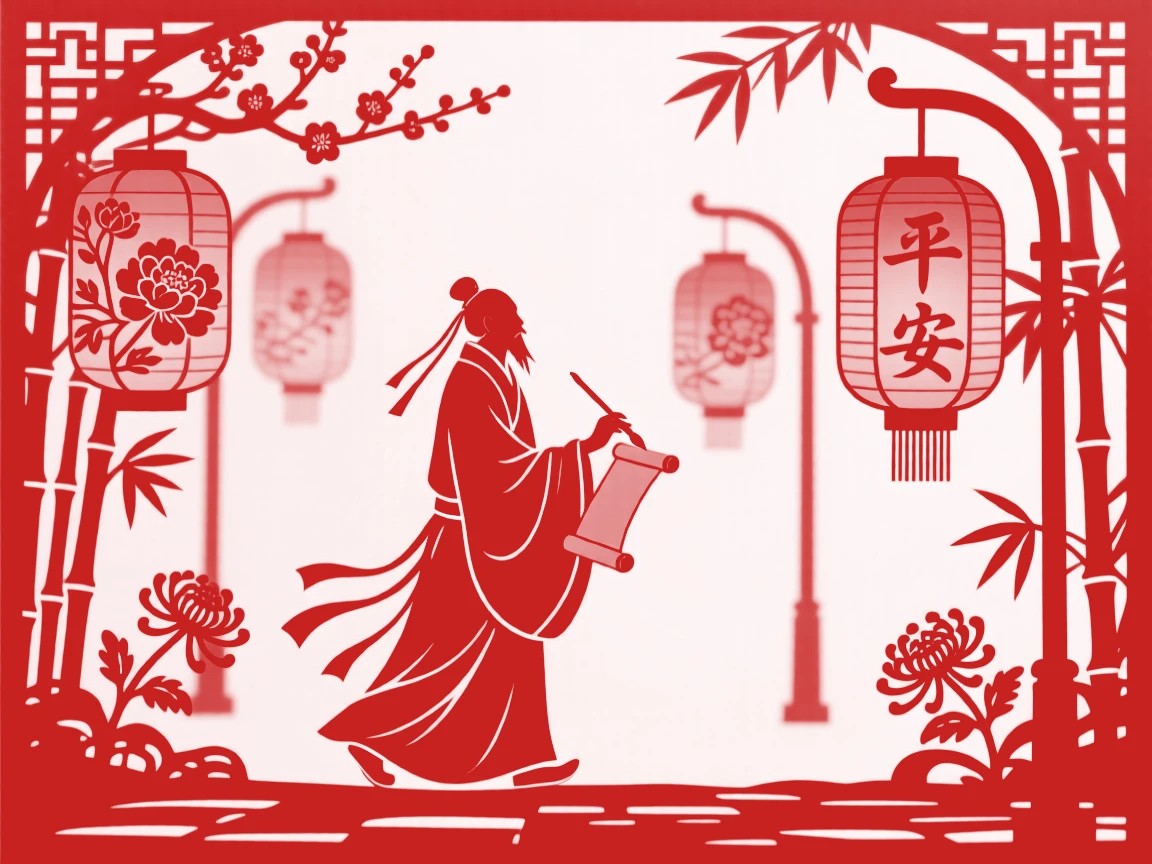 A calligrapher, walking home along a lantern-lit street, in filled with the comfort of familiar routine.