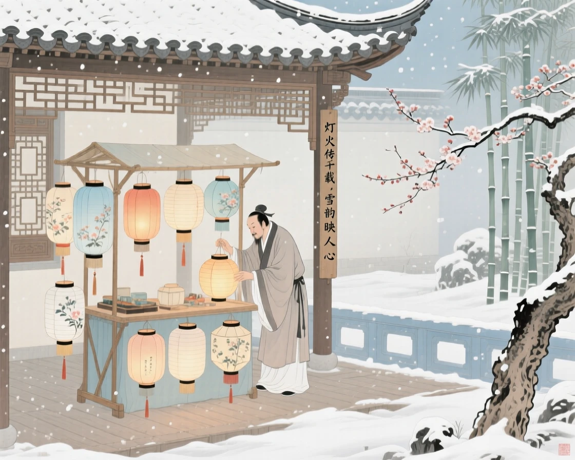 A lantern maker tending to a small stall of goods in a garden pavilion during a light snowfall
