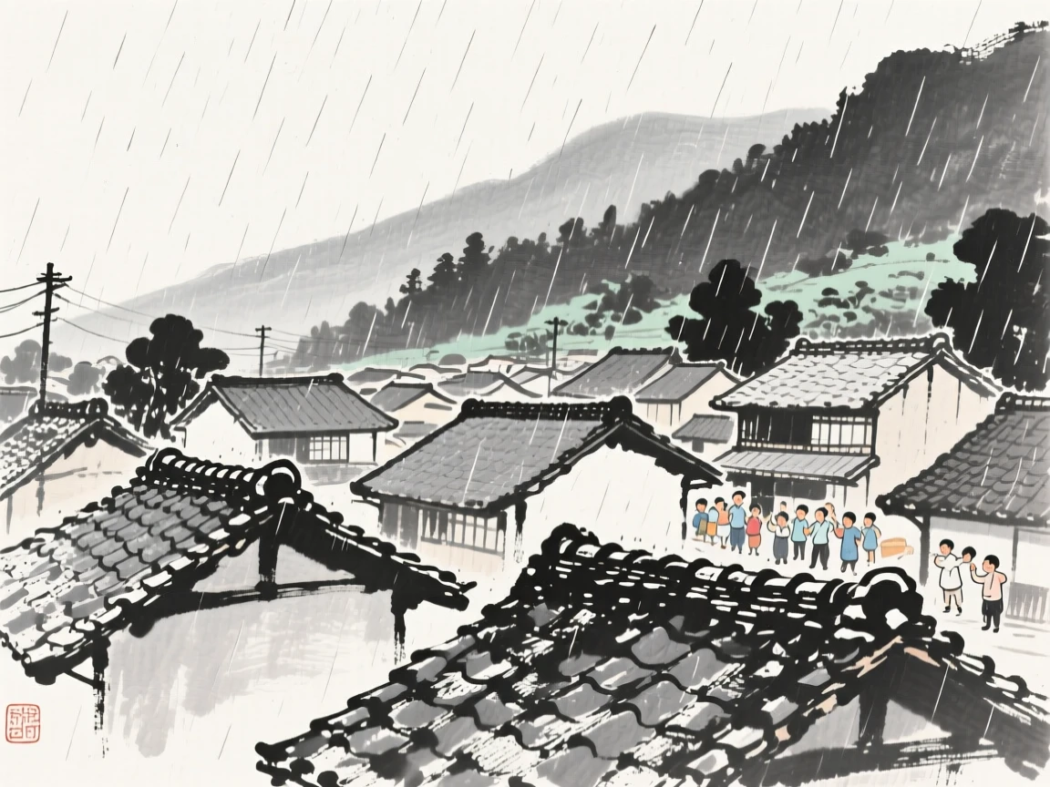 A summer rain shower over a quiet village rooftop in a quiet mountain village, framed to capture both intimate detail and the wider atmosphere, evoking festive warmth and communal joy.