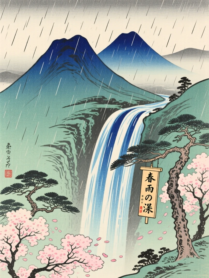 A twin-peaked ridge, beside a cascading waterfall, during a gentle spring rain.