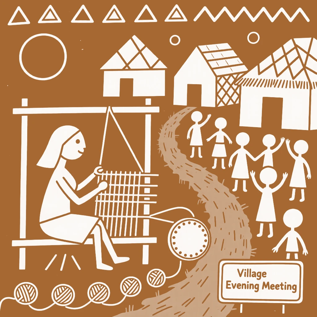 A weaver at her loom gathering for an evening meeting along a dirt path lined with huts.