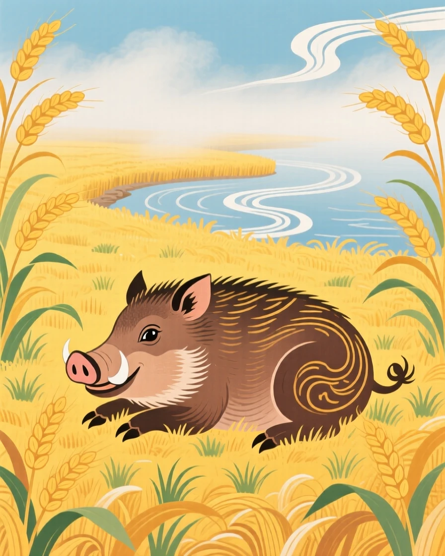 A wild boar resting in a golden wheat field at harvest time, as morning mist rises from the water.
