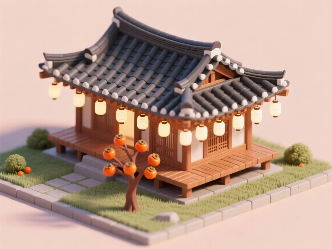 A traditional Korean hanok house with a curved tiled roof, a wooden veranda, a courtyard garden with a persimmon tree, and paper lanterns strung along the eaves.