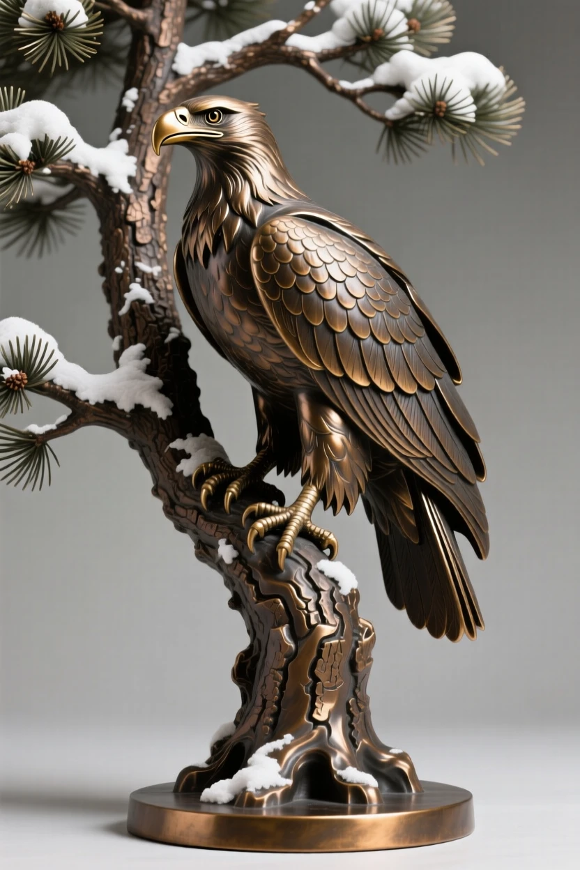 A bald eagle perched atop a snow-capped pine, with elegant, flowing form, evoking wonder and majesty