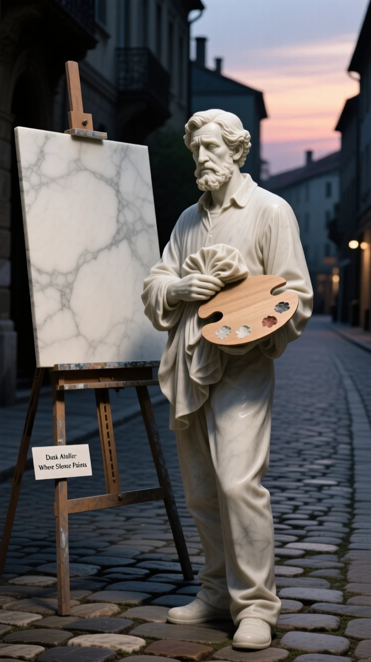 A close-up portrait of a painter before a blank canvas, cradling something precious close to their chest, on a quiet cobblestone street at dusk, radiating quiet emotion and dignity