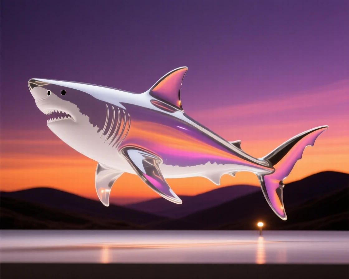 A great white shark silhouetted against a dramatic sunset sky over rolling hills, warm orange and purple tones creating a serene, cinematic mood.