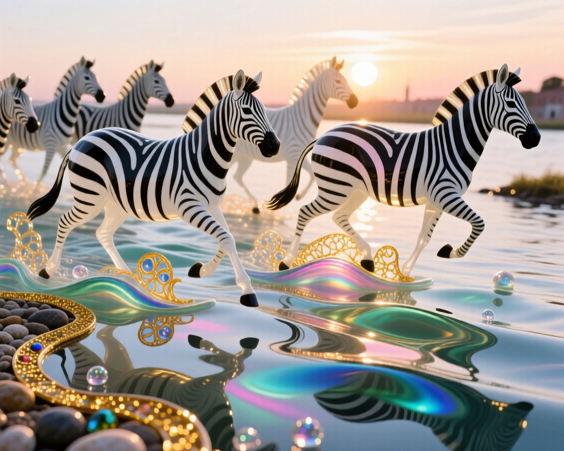 A herd of zebras crossing a sunlit river at dawn, dynamic stripes rippling in the water's reflection, energetic and wild.