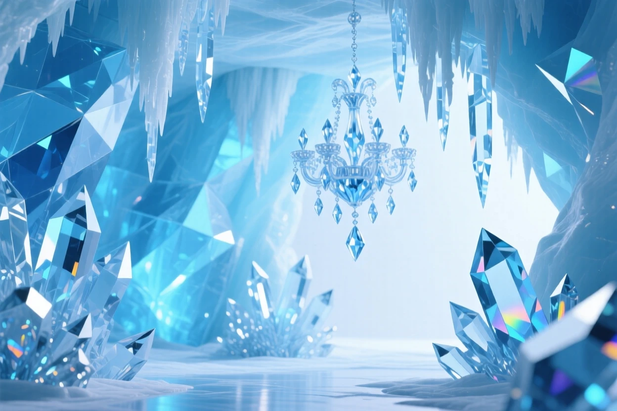 A vast ice cave with blue light filtering through translucent walls, icicles hanging like chandeliers.