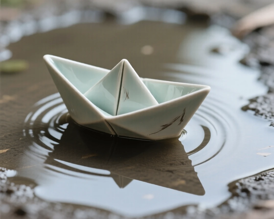 A paper boat floating on a rippling puddle posed as if just set down a moment ago, its surface polished to a gentle sheen, capturing beauty in the overlooked and ordinary.