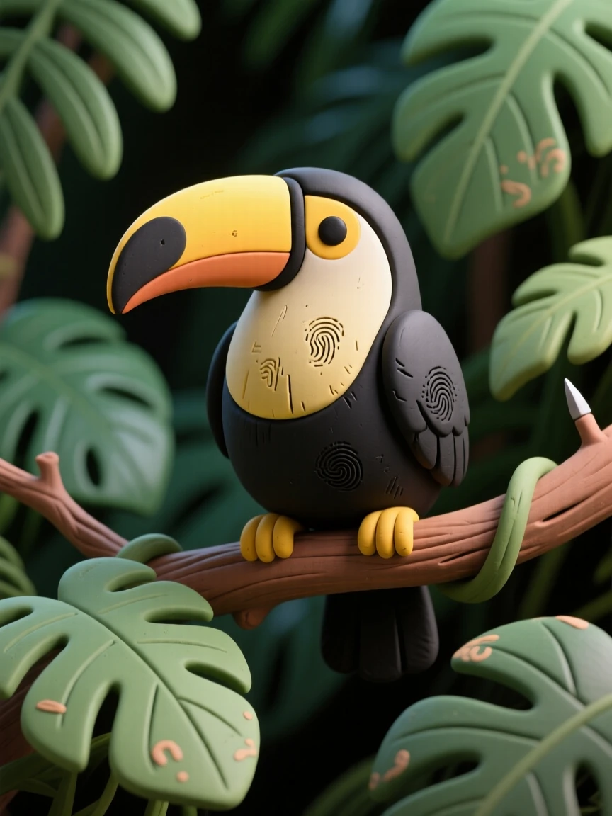 A toucan perched on a vine, framed by dense tropical rainforest leaves