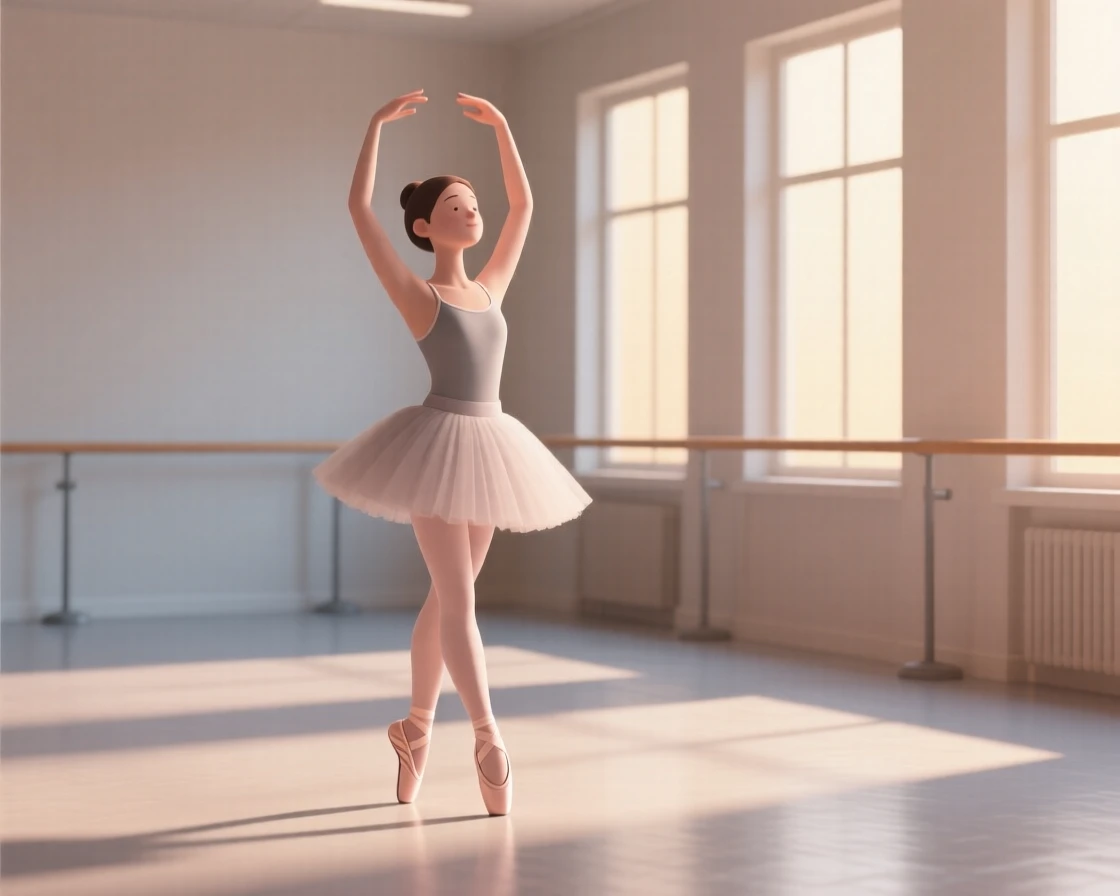 A young ballerina twirls on her toes in a sunlit dance studio, arms curved gracefully above her head.