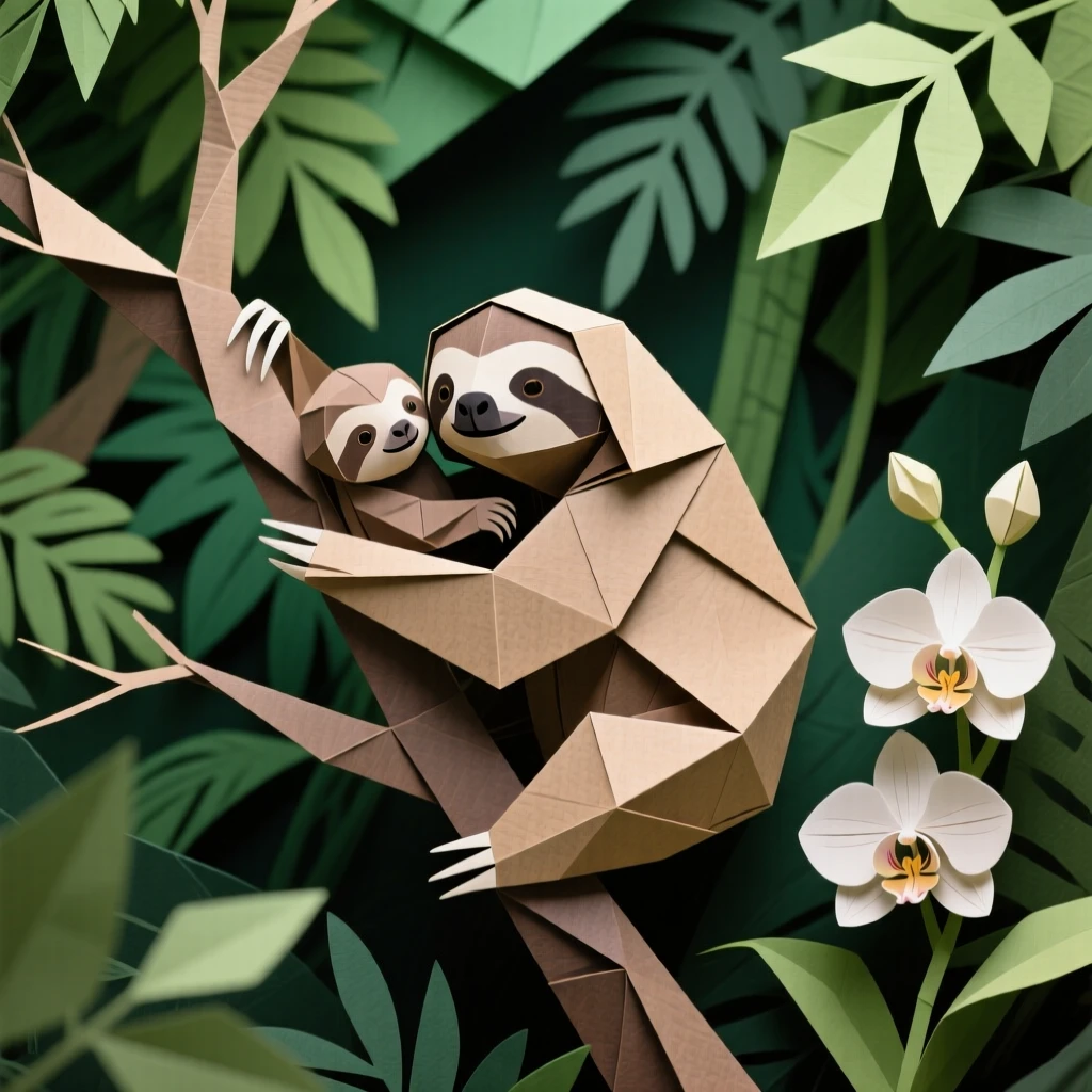 A baby sloth clinging to its mother's back as she climbs slowly through a rainforest canopy, orchids blooming on nearby branches.