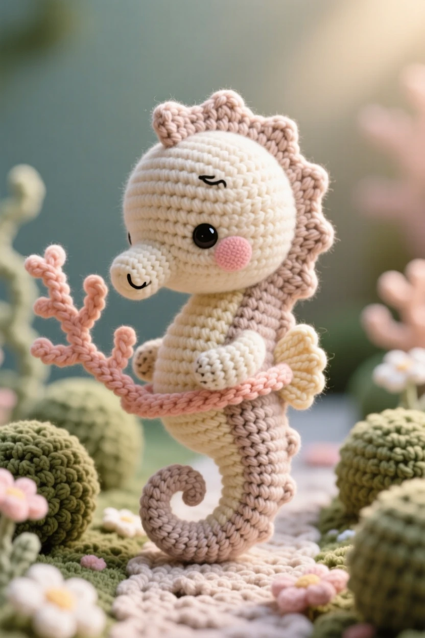 A heartwarming close-up of a baby seahorse, with a curled tail and tiny dorsal fin, wrapping its tail around a strand of coral in a quiet garden path lined with hedges; a scattering of soft flower petals completes the scene, radiating a tender, sleepy softness.