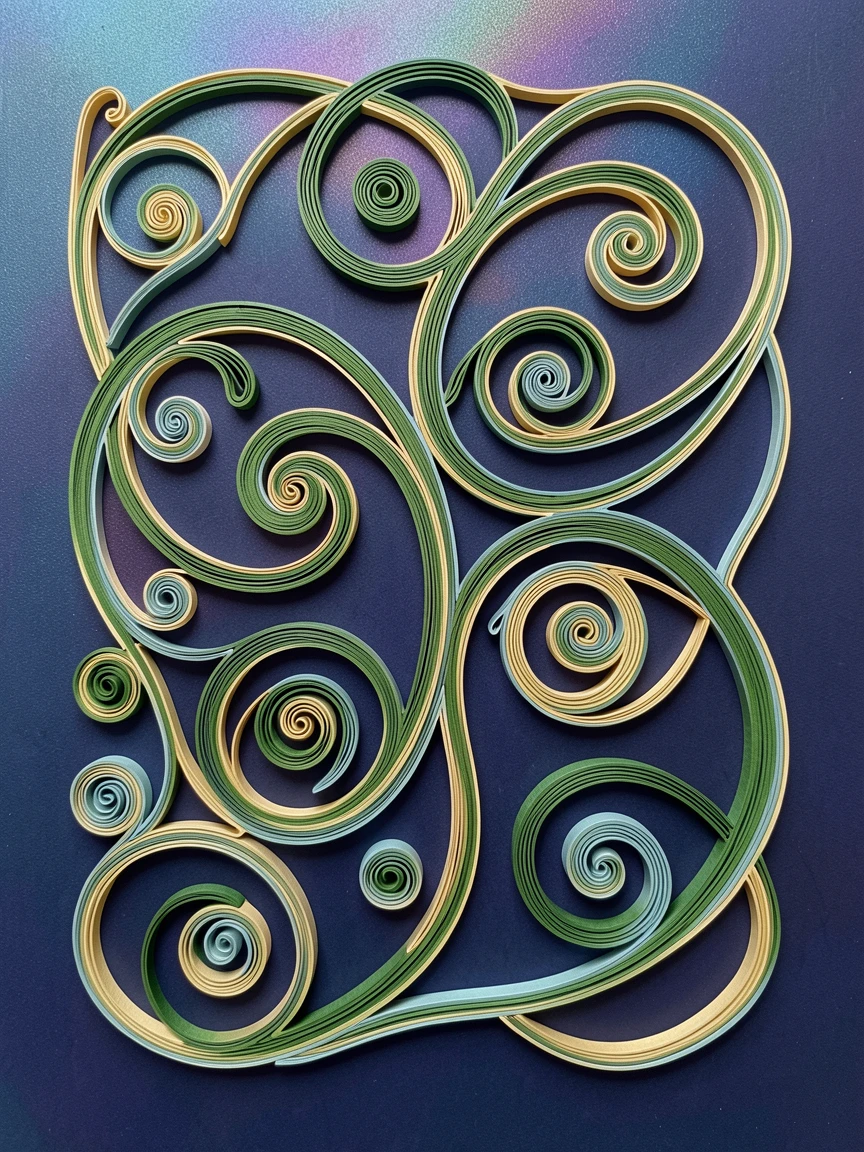 a swirling Art Nouveau vine pattern, displayed against a deep navy backdrop, structured with clean geometric precision, with a subtle iridescent shimmer.