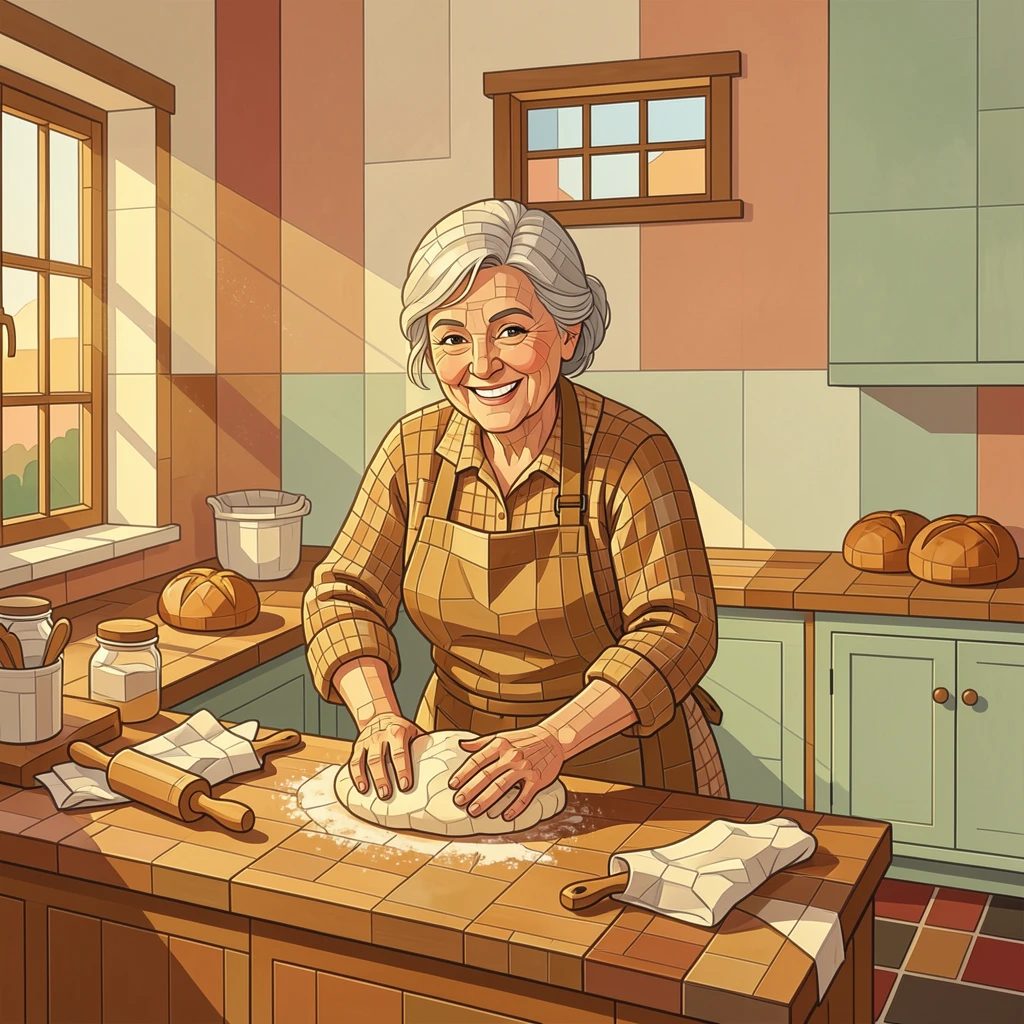 A candid, joyful moment of a grandmother baking bread in a warm rustic farmhouse kitchen, captured with warm golden light.