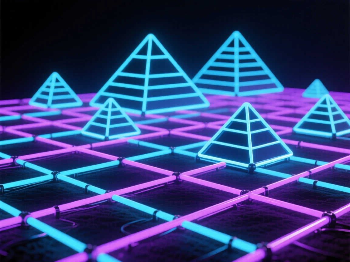 A field of pyramids arranged in a precise grid pattern.