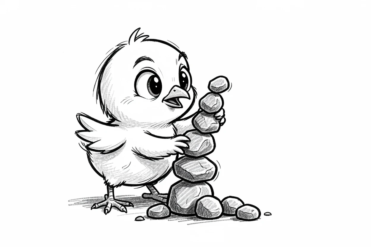 A tiny chick stacking tiny pebbles into a tower.
