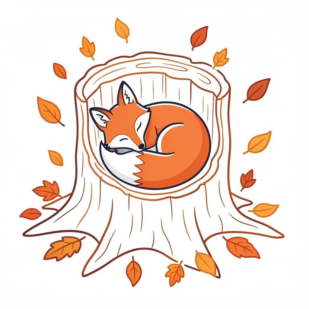 A fox curled asleep in a hollow tree trunk surrounded by fallen orange leaves.