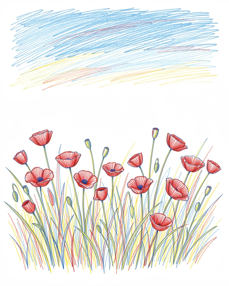 A meadow of wild poppies rippling in the breeze beneath a wide blue sky