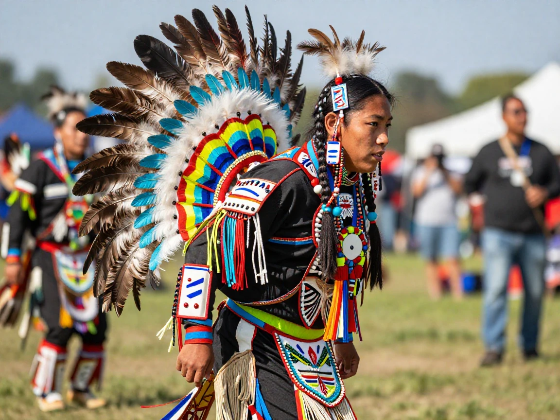 A powwow dancer in full feathered regalia