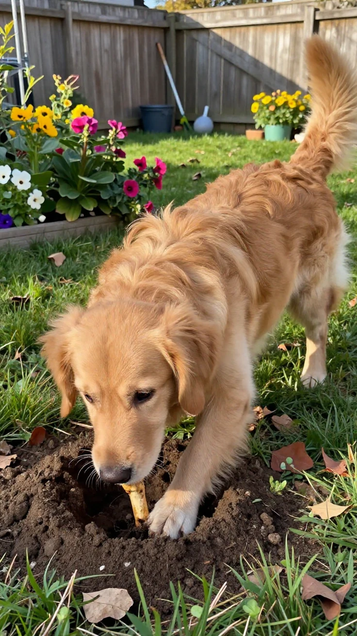 A dog buries a bone in a garden, glancing around as if to check nobody saw.