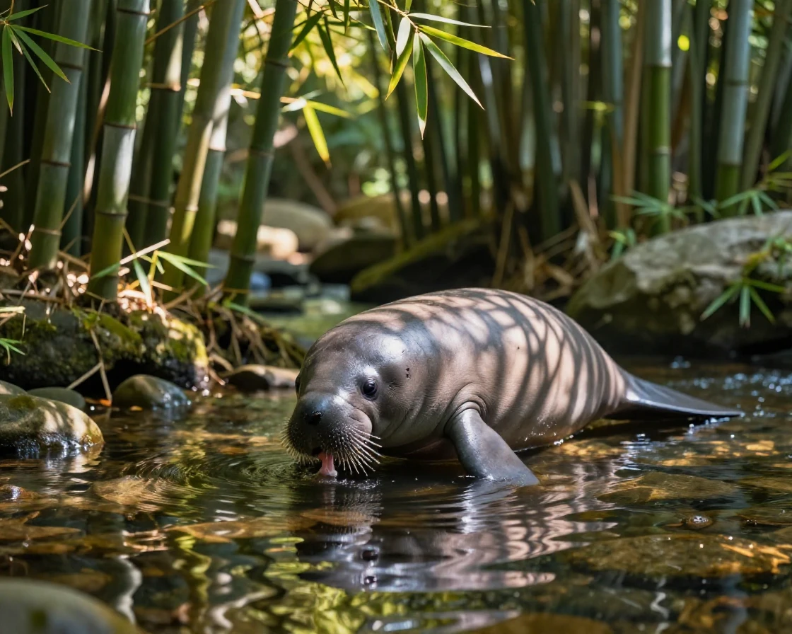 A gentle manatee drinking from a clear mountain stream in a quiet bamboo grove