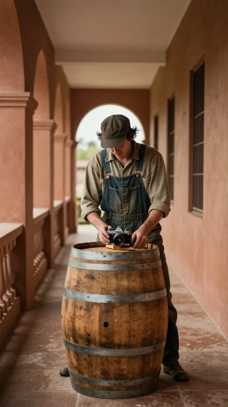 A cooper fitting wooden staves together to build a barrel, in gentle diffused daylight, with a soft breeze stirring the air, in early spring, in earthy terracotta and ochre shades, framed symmetrically down a long corridor.
