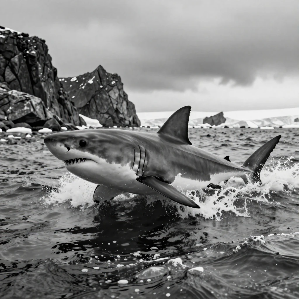 A great white shark cuts through the surf near a rocky shore in icy Antarctic-adjacent waters.