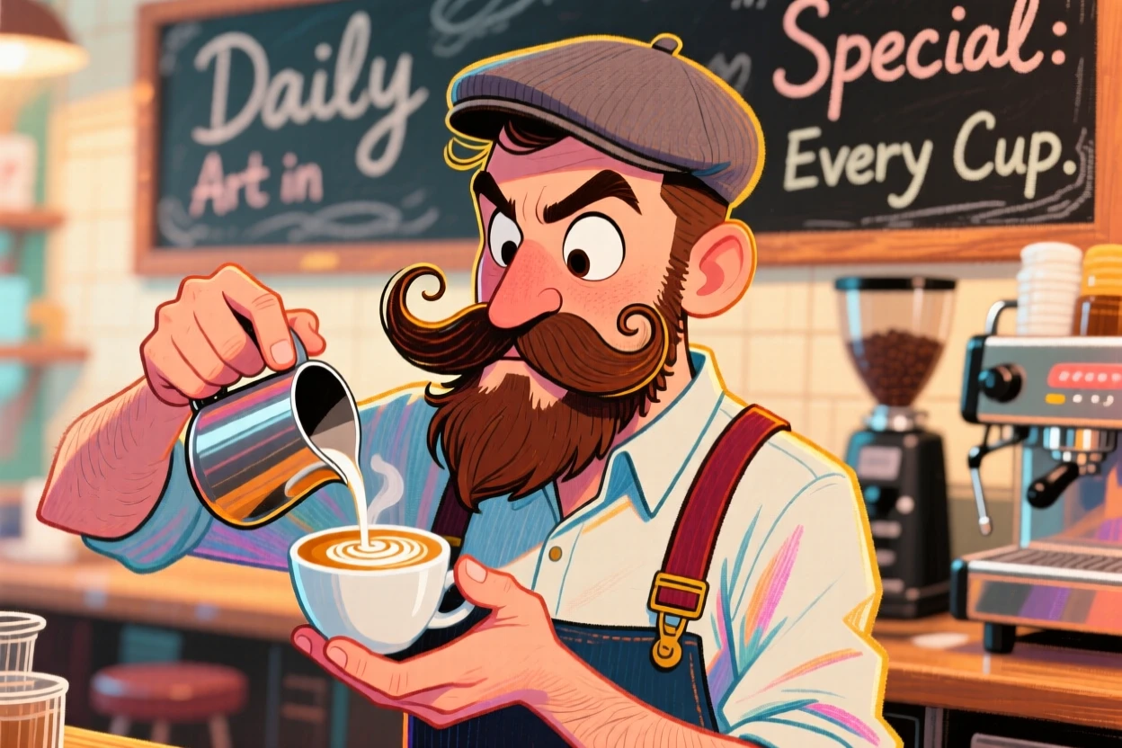 A hipster barista with a curled mustache, suspenders, and a flat cap, pouring latte art with intense focus.