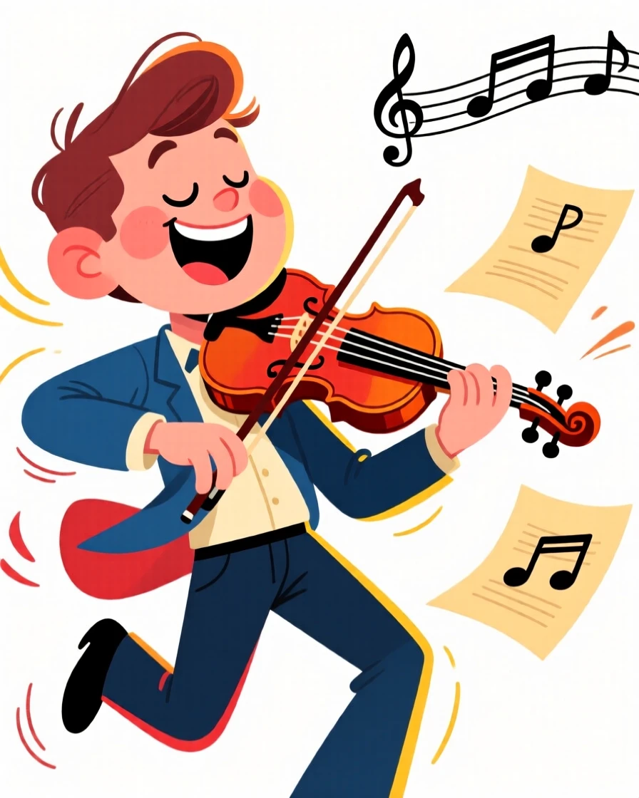 A charming portrait of a spirited violinist swaying with eyes closed, bow gliding across the strings, sheet music flapping in the wind.